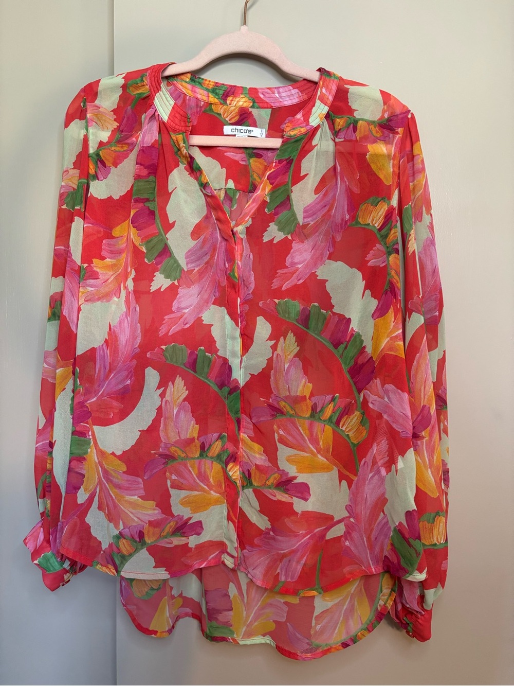 Chico's Coral Pink Tropical-Leaf Sheer Blouse Size 2